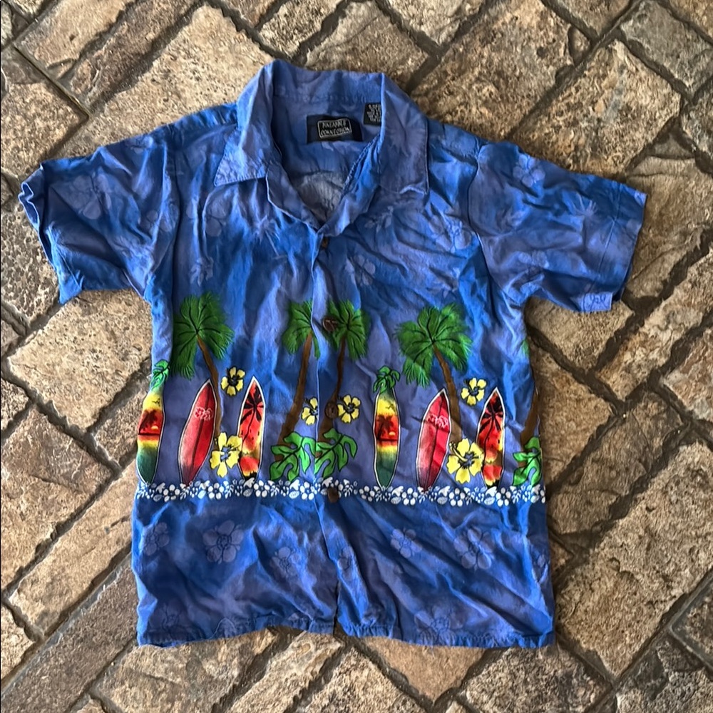 Pineapple Connection Tropical Blue and Green Button Down Shirt with Palm Print